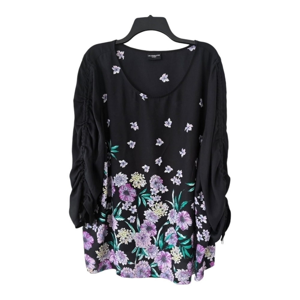 Liz Claiborne Blouse Womens  3XL Floral 3/4 Chiffon Tie Sleeve Tassles